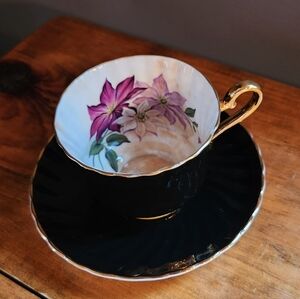 Vintage Sutherland HM Bone China  Tea Cup & Saucer Black Floral  **Stained**